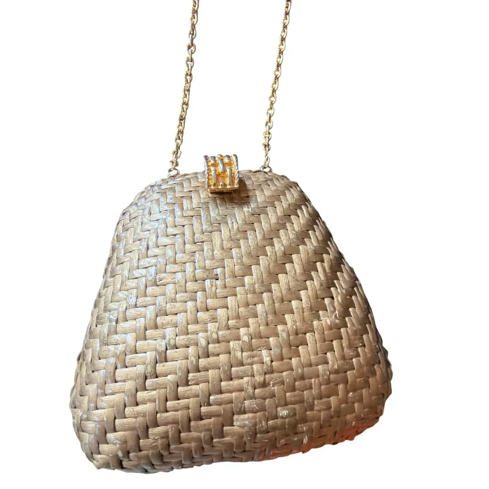Woven Clutch Gold Metallic Triangular Minaudiere Chain Strap Evening Bag